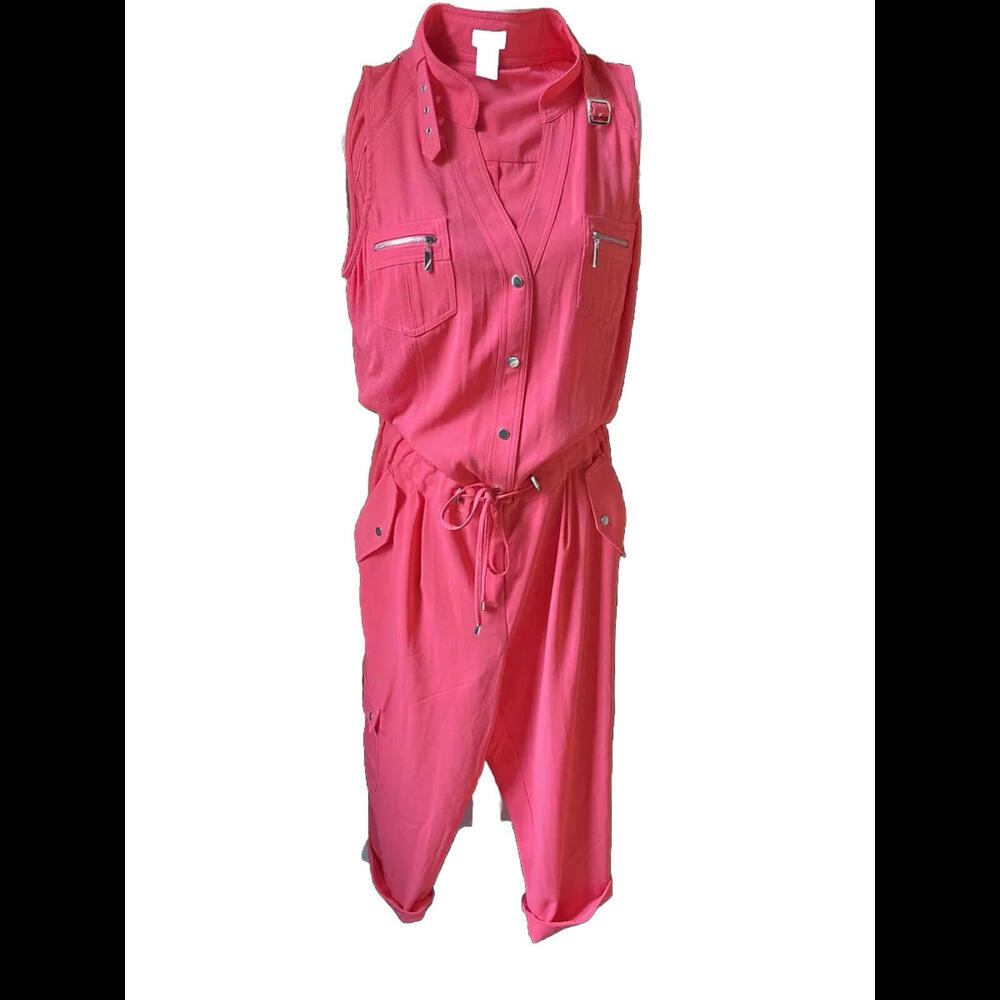 👗🟠Cache Women Sz M Salmon Cargo Jumpsuit Gold Hardware Pockets Zippers